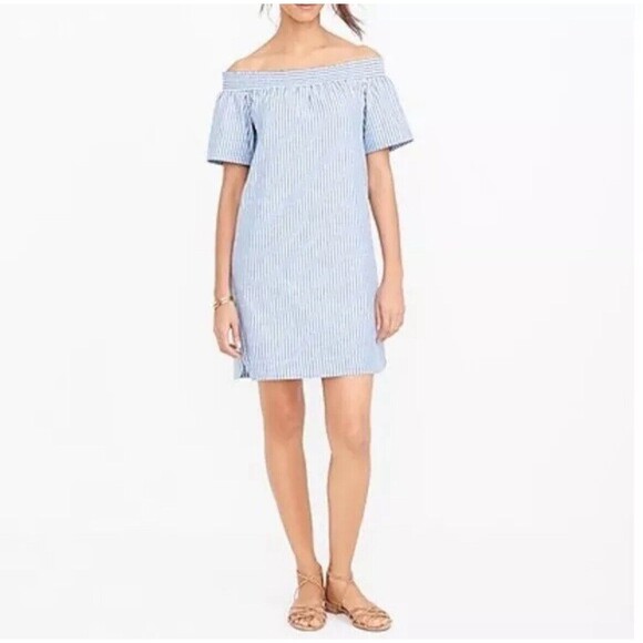 J Crew Striped Off Shoulder Mini Dress Sz 0 NWT Cotton Linen Blue White Boho - Picture 1 of 9